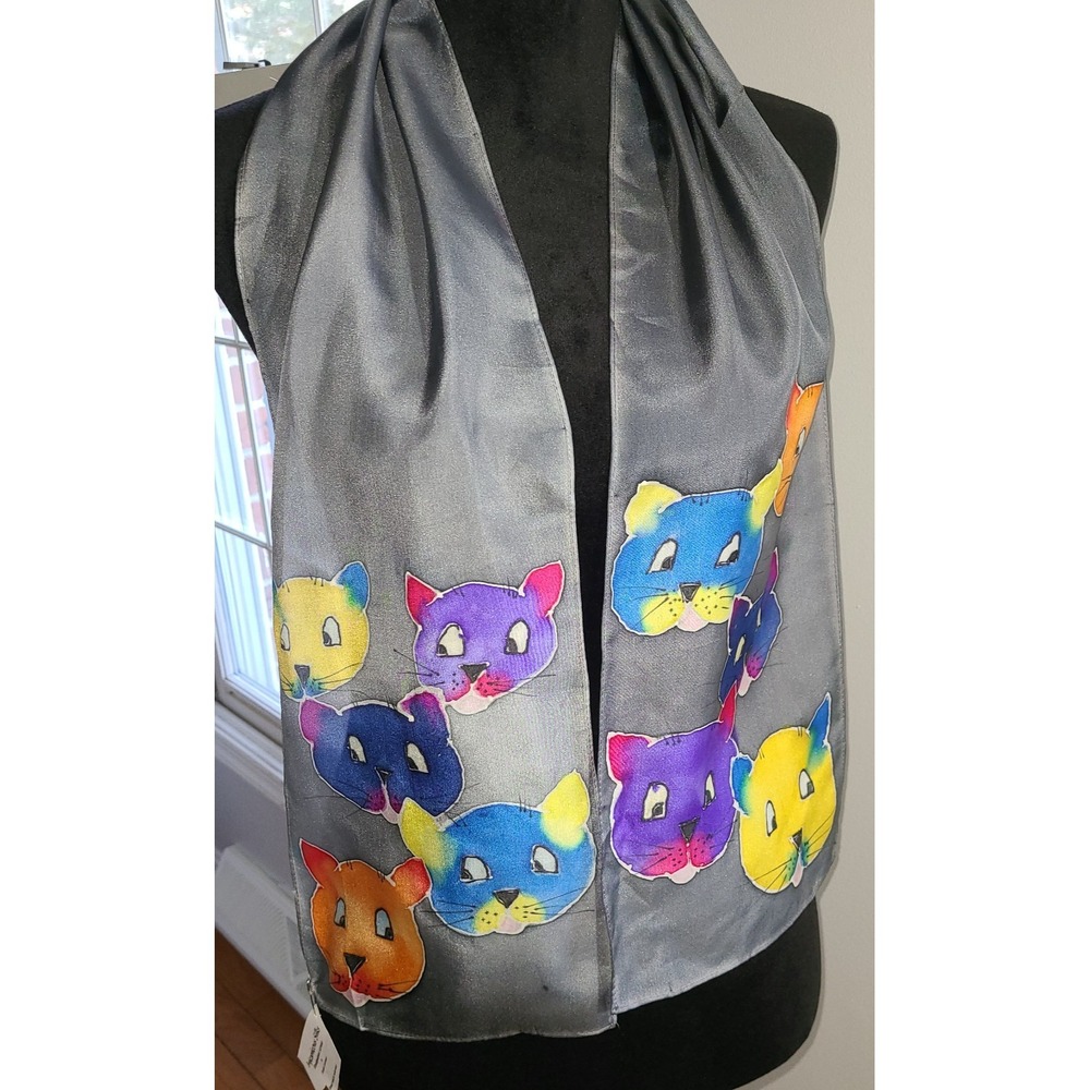 NWT ARTY'S 100% SILK SCARF HANDMADE Hand Painted Hand Rolled Cats 53 x 8 inches